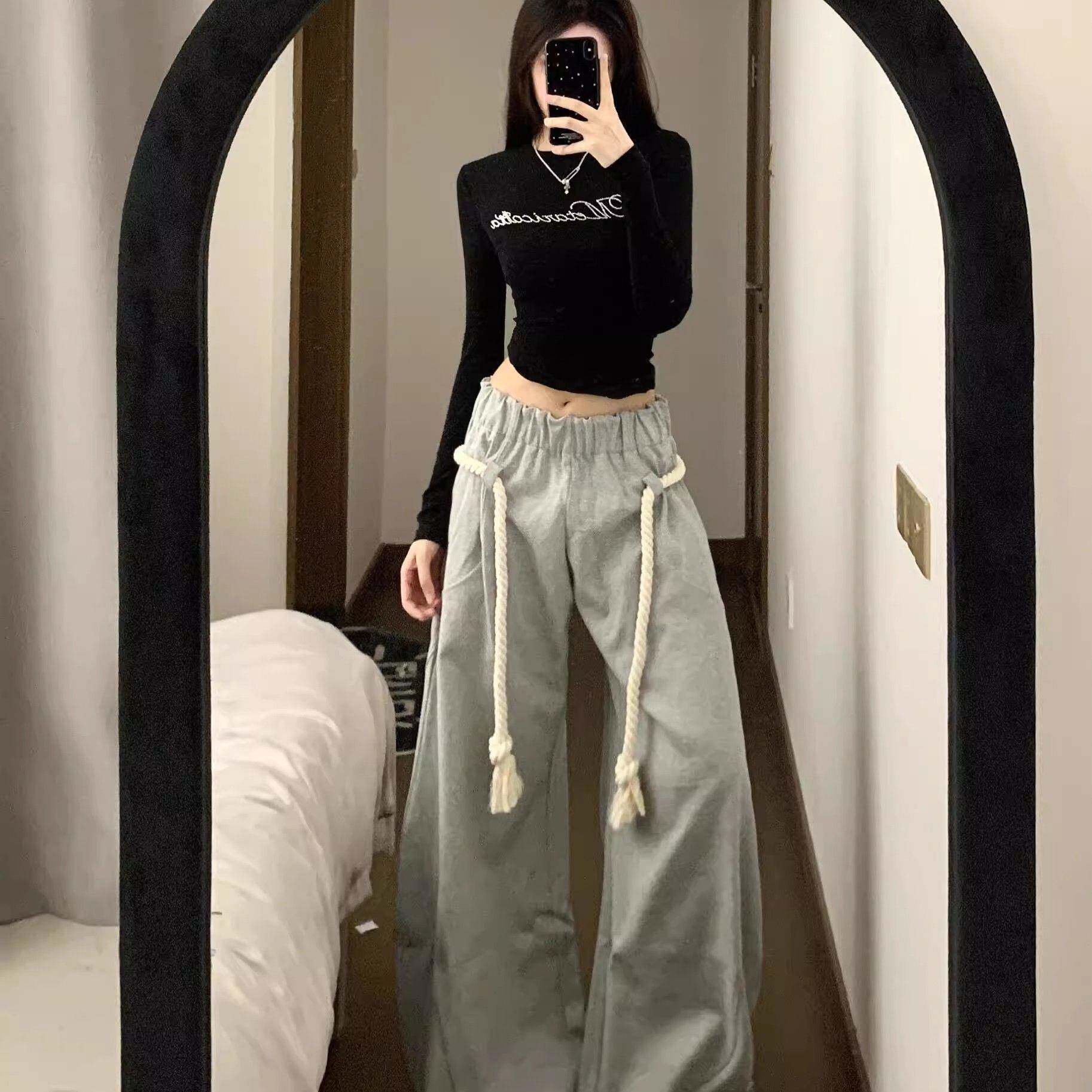 新品美式休闲裤大码阔腿弯刀运动裤女宽松休闲街舞卫裤直筒拖地裤