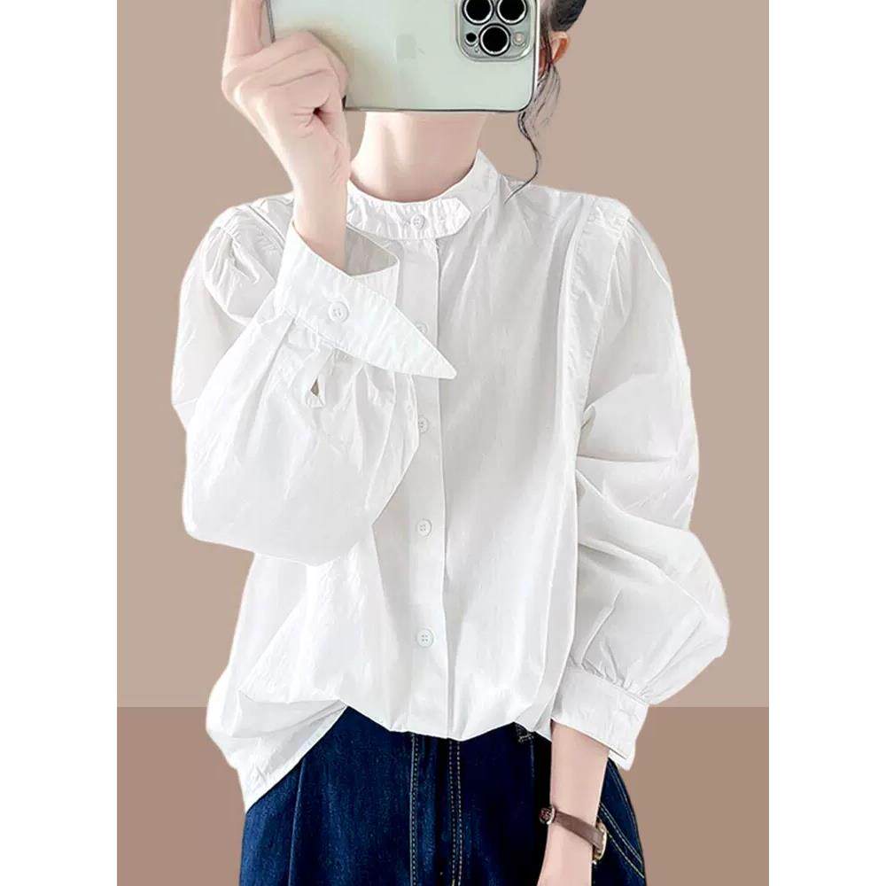 新品法式灯笼袖衬衣女纯棉2026秋季新款韩系慵懒风上衣小个子立领