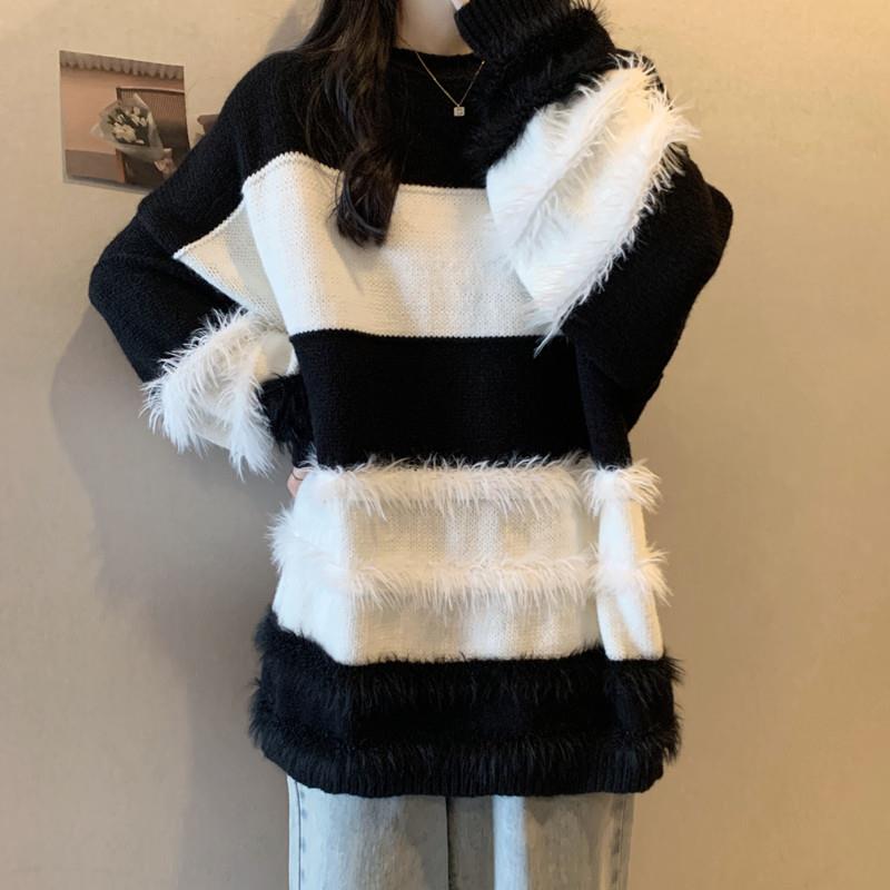 新品大码女装高级感黑白水貂绒条纹毛衣秋冬季胖MM宽松遮肉中长款