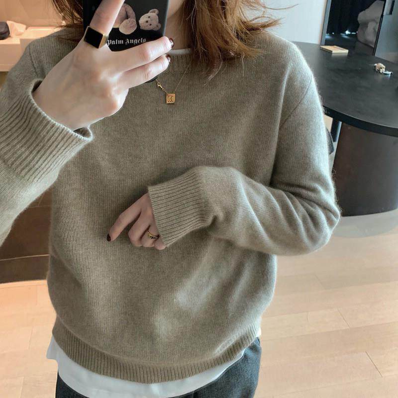 新品砖红色毛衣女秋冬款欧洲站慵懒风圆领加厚羊毛针织衫洋气套头