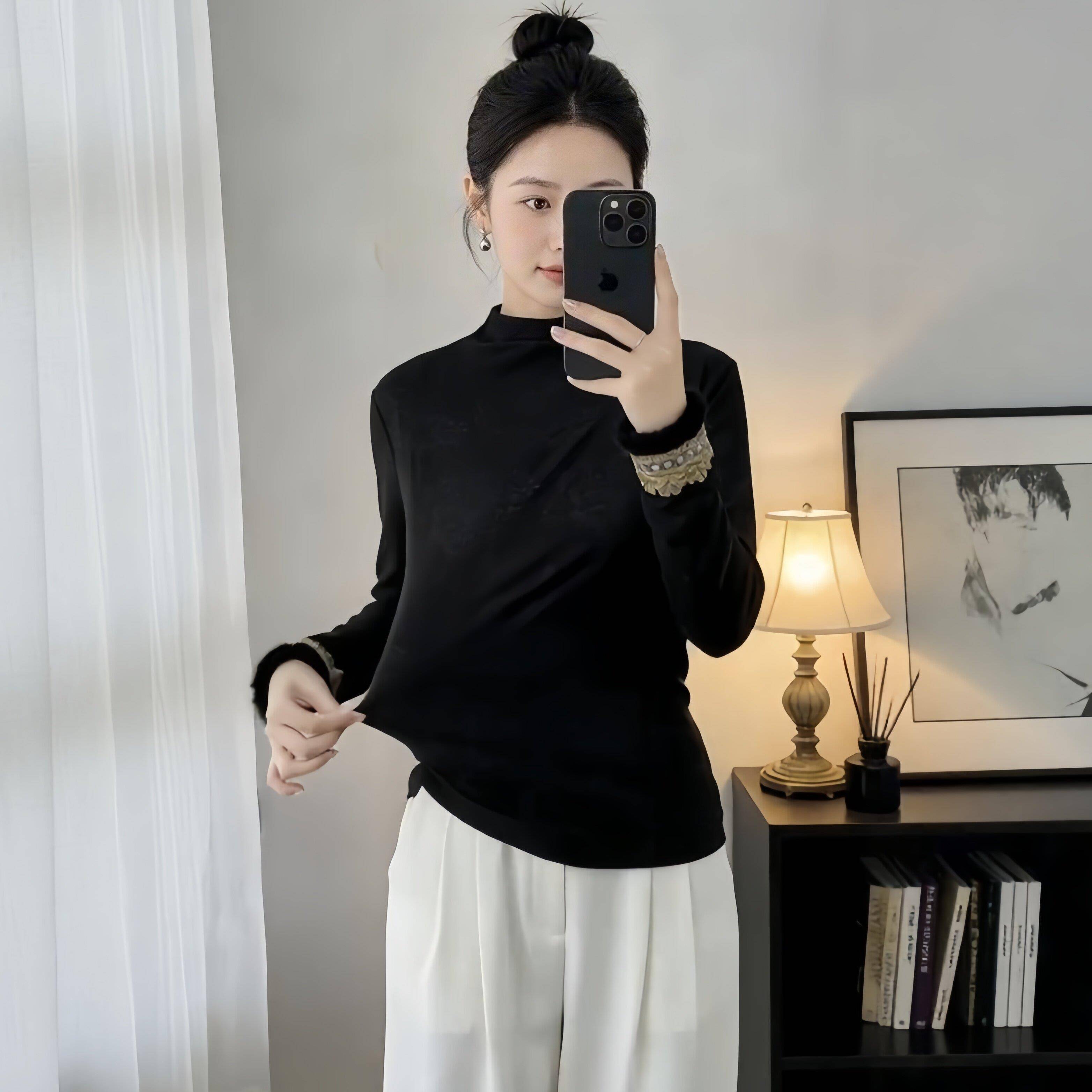 新品2026轻奢感气质优雅新中式刺绣毛毛拼接大码打底衫女胖mm洋气