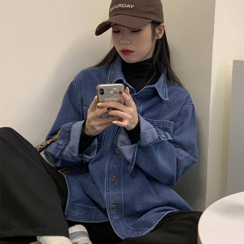 新品牛仔衬衫女春秋新款欧货设计感小众内搭叠穿衬衣外套宽松休闲