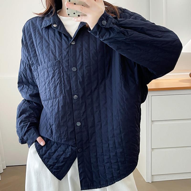 新品韩系菱格纹夹棉衬衫女长袖深蓝色百搭保暖棉服外套翻领显瘦宽