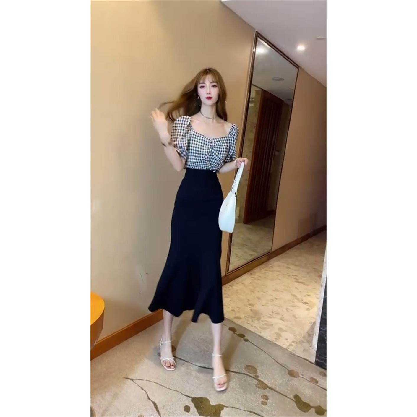 新品网红抖音同款时尚套装女短袖翻领套头格子上衣鱼尾裙韩版两件
