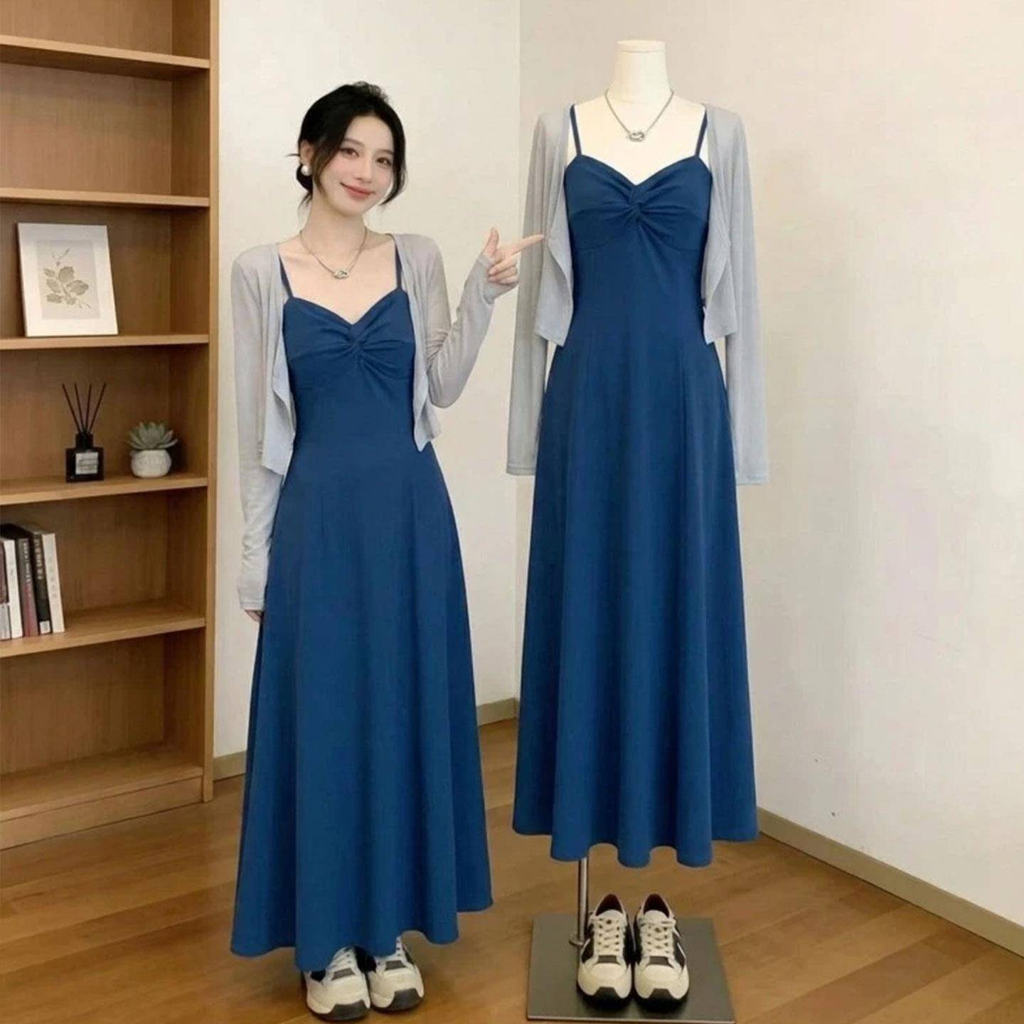 新品大码吊带连衣裙外搭防晒开衫两件套女初秋胖mm显瘦时尚百搭套