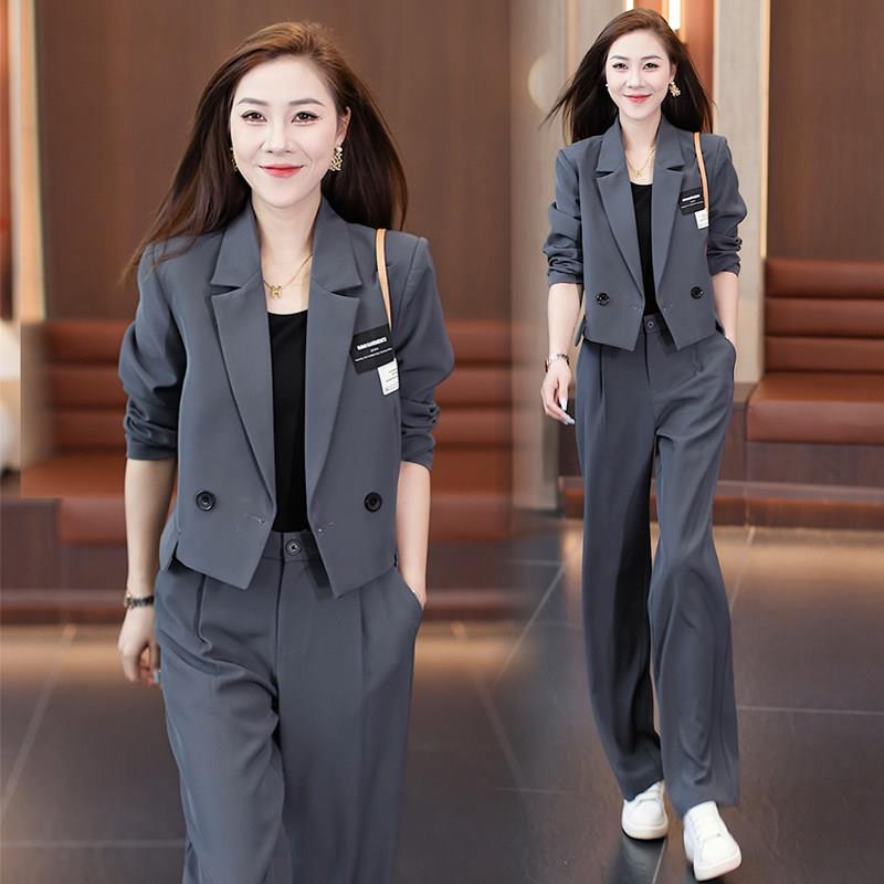 新品时尚气质小西装套装女秋季新款一整套短款西服上衣阔腿裤两件