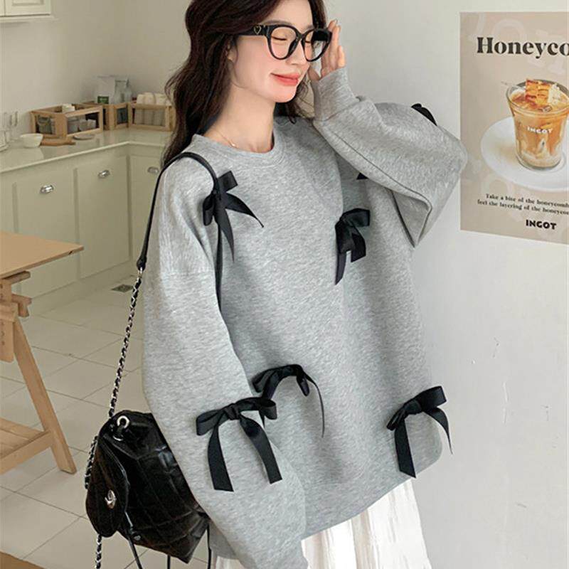 新品韩系宽松慵懒风灰色蝴蝶结卫衣外套女秋季高级感软糯加厚长袖