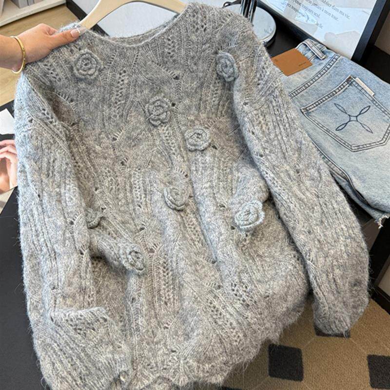 新品紫色钩花镂空套头毛衣