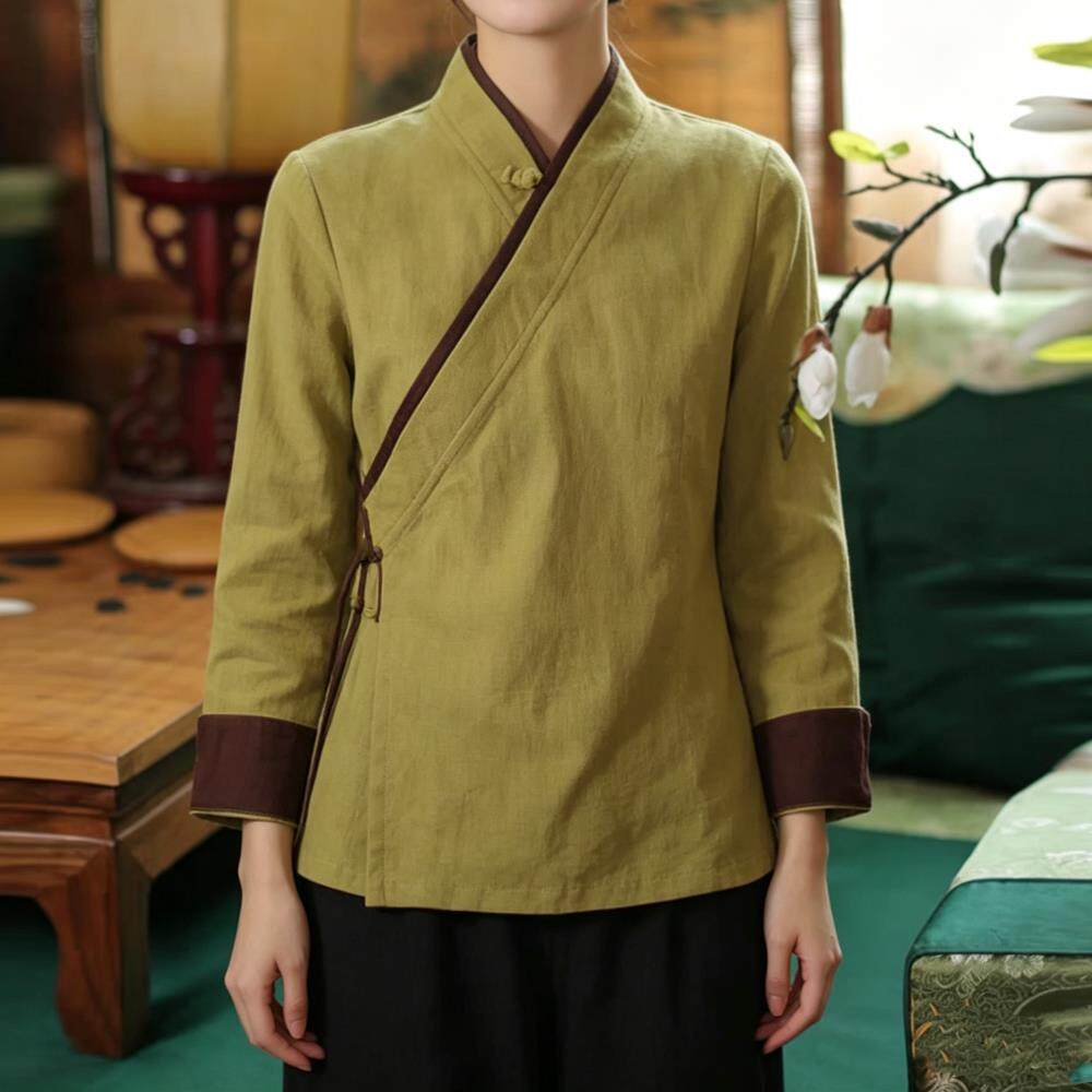 新品复古中式斜襟系带衬衫2026秋季新款女装改良汉服上衣女士禅意