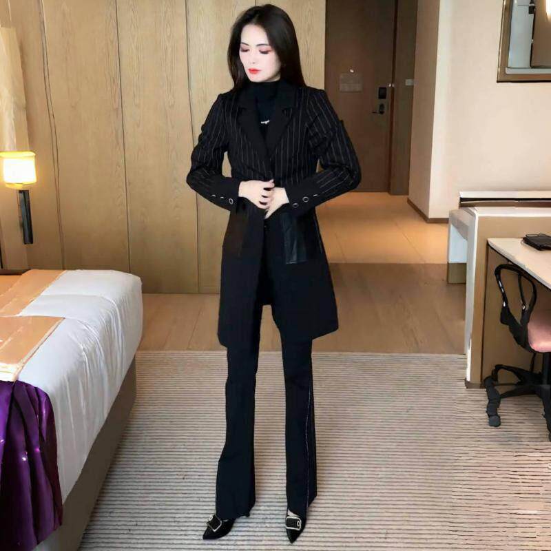 新品时尚条纹长袖风衣女士春秋新款高级感西装大衣气质显瘦中长款