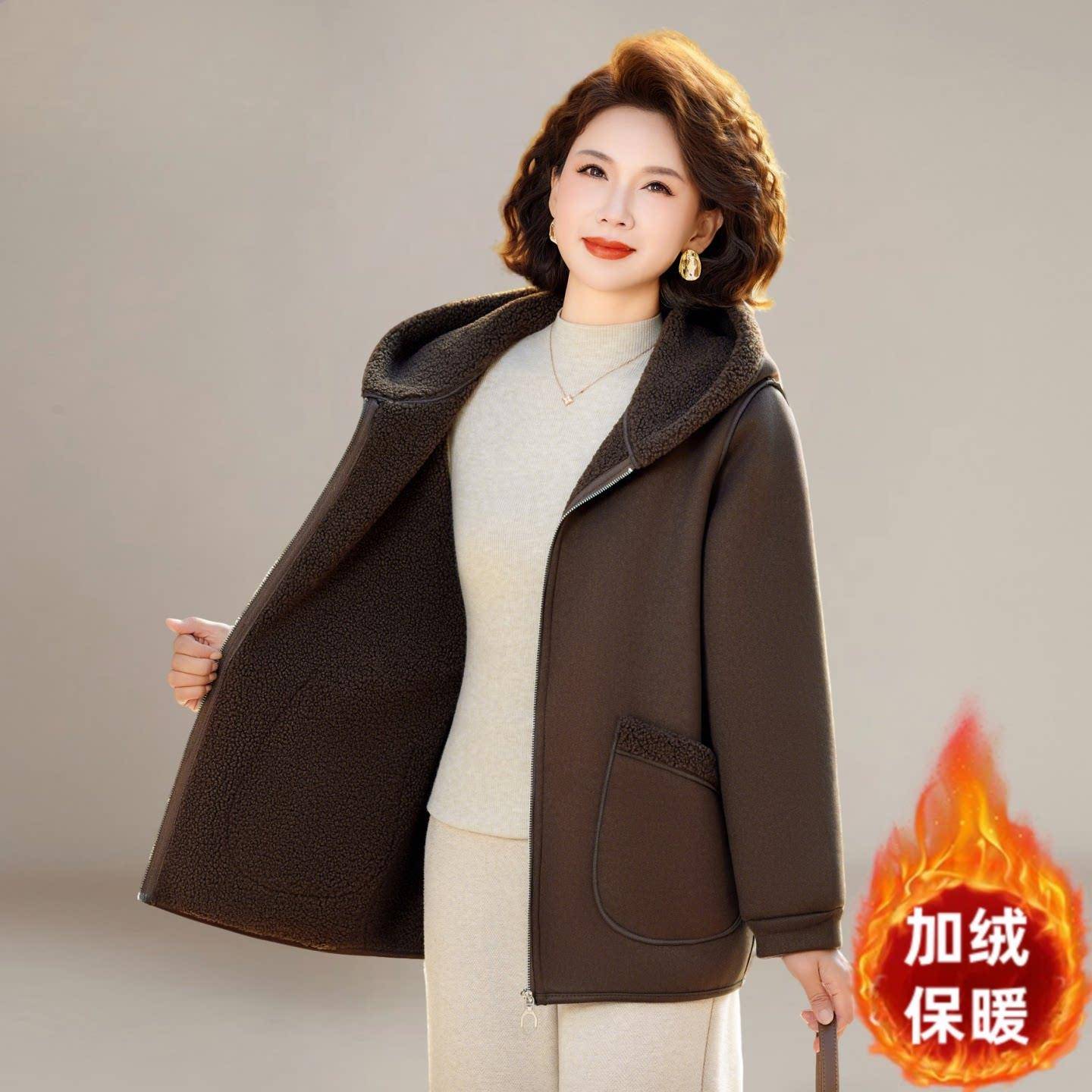 新品秋冬款妈妈装双面穿大衣加绒棉服中老年人女装棉衣连帽毛呢外