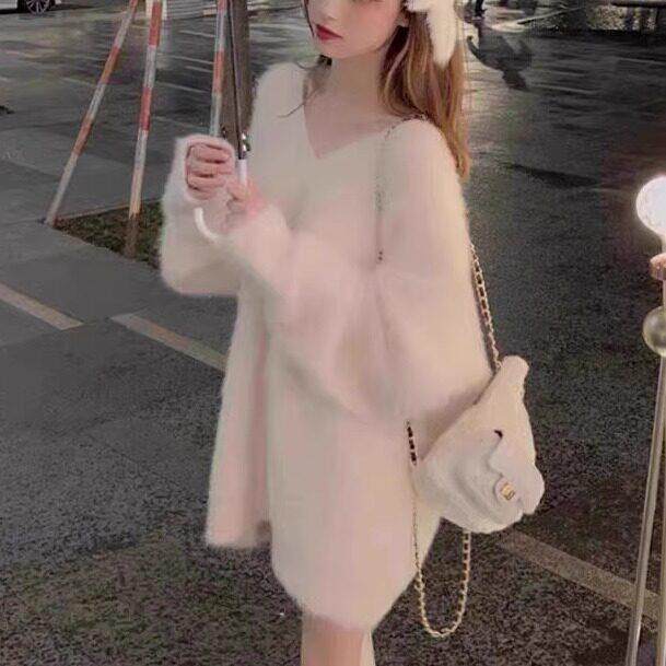 新品黑色软糯水貂绒毛衣女秋冬欧货高级感超好看V领加厚宽松打底