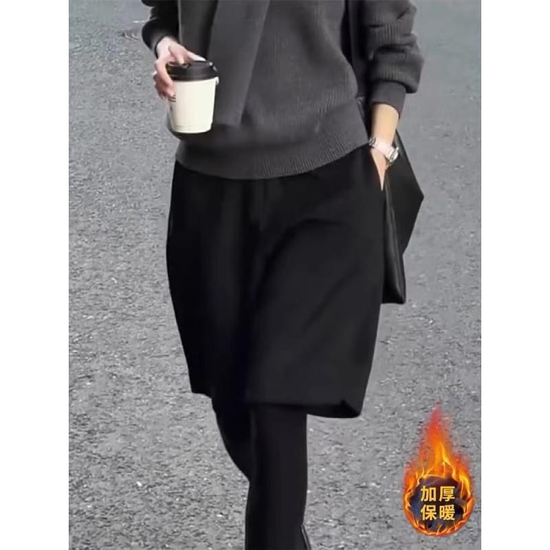 新品大码黑色加厚毛呢短裤女秋季宽松直筒五分裤胖mm时尚通勤风阔