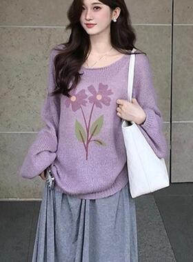 新品韩系chic高级感紫色印花圆领长袖针织衫女秋季款休闲宽松套头