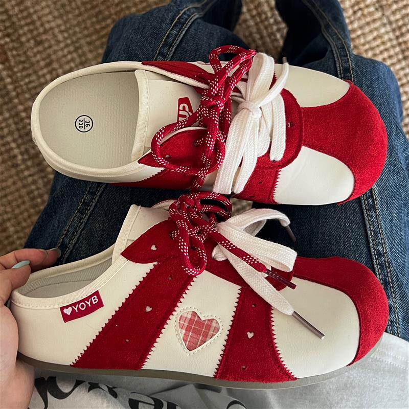 新品红色勃肯鞋女夏外穿2025新款懒人一脚蹬厚底包头半拖鞋