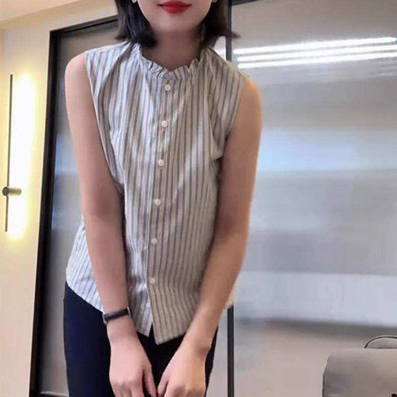 新品洋气减龄竖条纹气质衬衫女春季新款荷叶领时尚百搭显瘦无袖上
