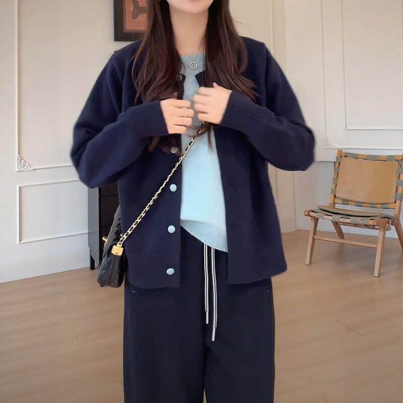 新品大码女装撞色假两件针织开衫长袖秋季胖mm显瘦宽松韩版慵懒风