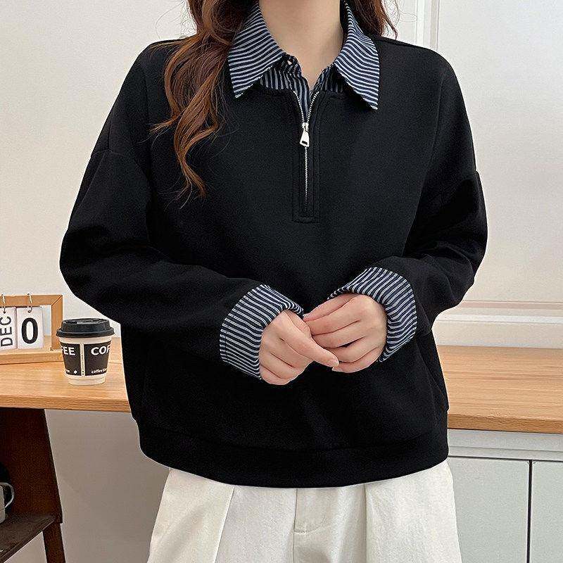 新品春秋新款女装假两件拼接条纹翻领外套女式卫衣上衣宽松休闲百