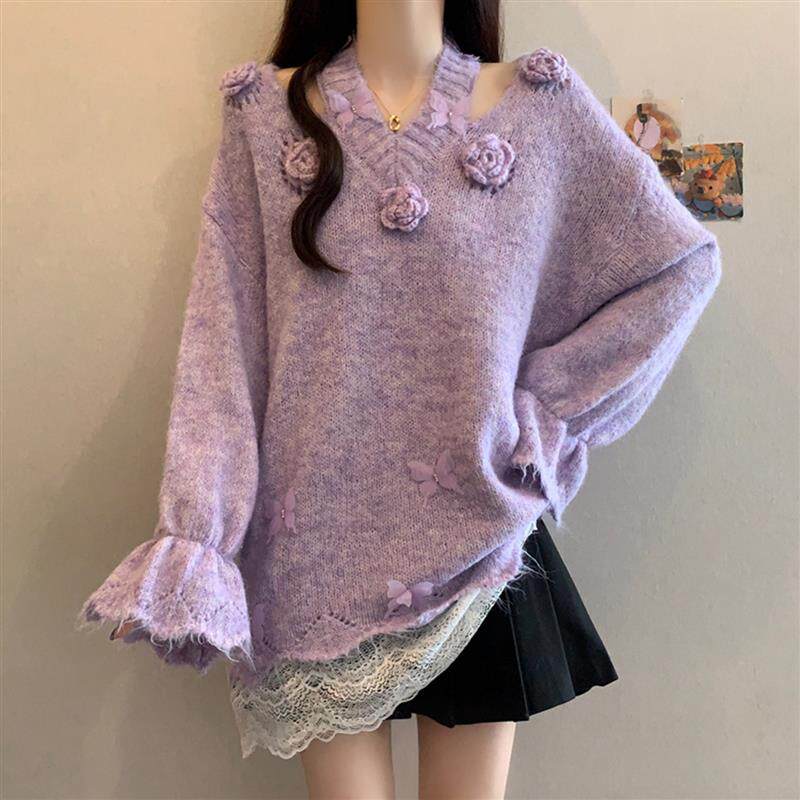 新品立体花朵V领挂脖针织
