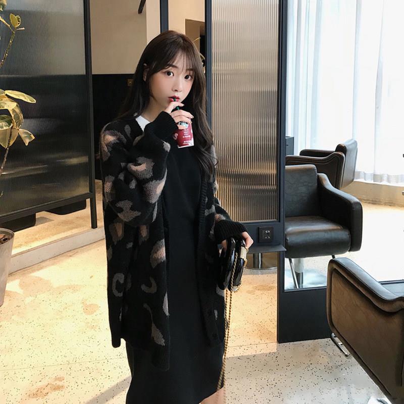 新品豹纹针织开衫女秋冬欧货洋气小衫大版慵懒学生百搭中长款毛衣