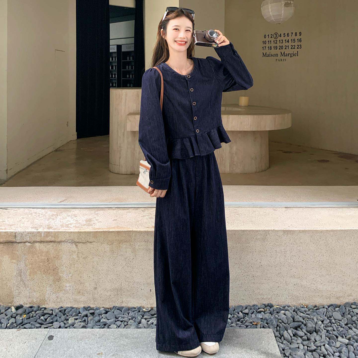 新品深蓝泡泡袖荷叶边牛仔上衣复古套装女秋新款休闲显瘦阔腿裤两