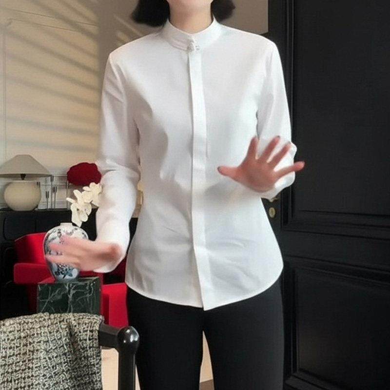 新品新中式国风长袖白色衬衫女装2026春季设计感内搭气质百搭衬衣