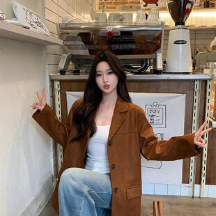 新品麂皮西装外套女2025春秋新款廓形皮衣美拉德棕色高级感小个子