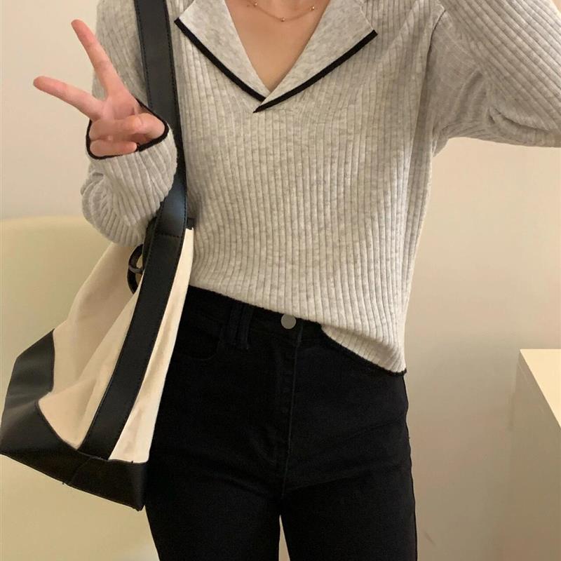 新品撞色西装领长袖针织衫