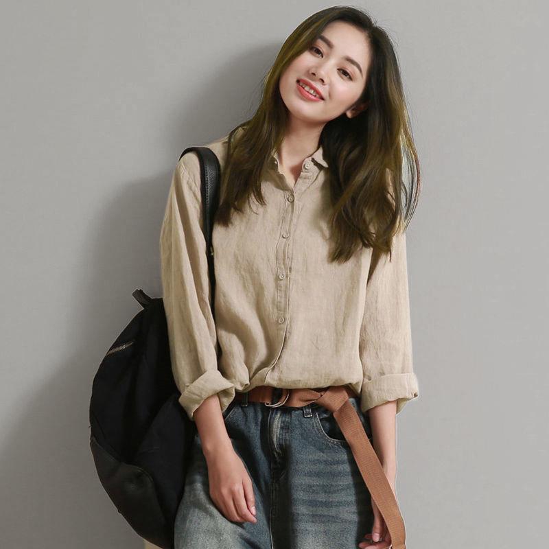 新品韩版外贸文艺棉麻衬衫女装长袖亚麻休闲衬衣宽松春秋季打底衫