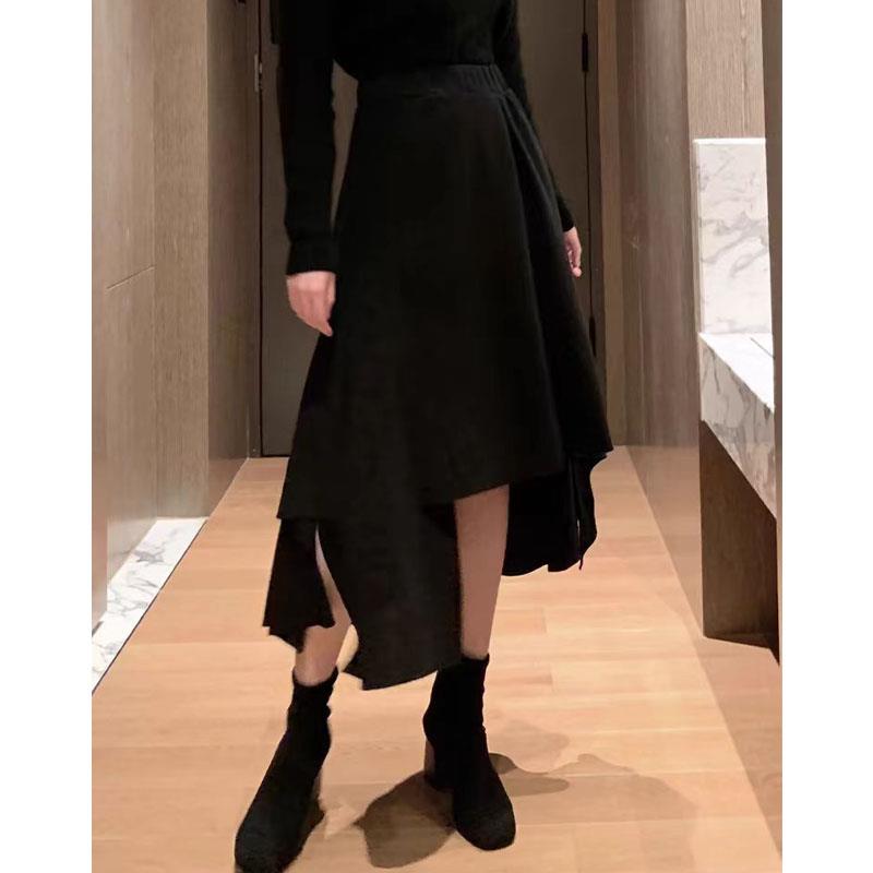 新品不规则毛呢半身裙女2026秋冬新款中长款高腰黑色a字鱼尾裙爆