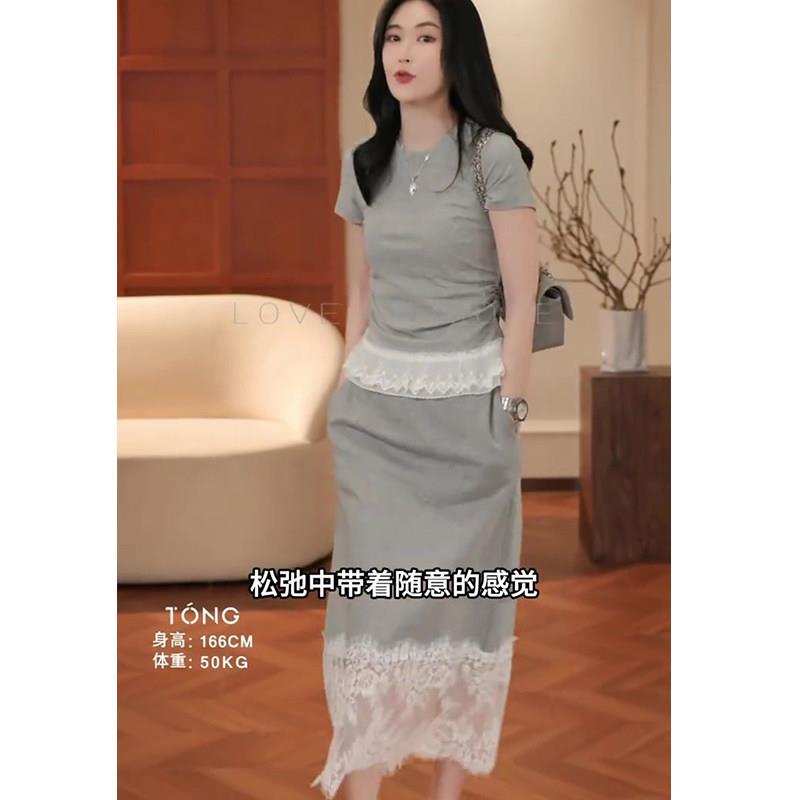 新品网红同款时尚蕾丝拼接设计套装女2026春季新款百搭短袖显瘦半