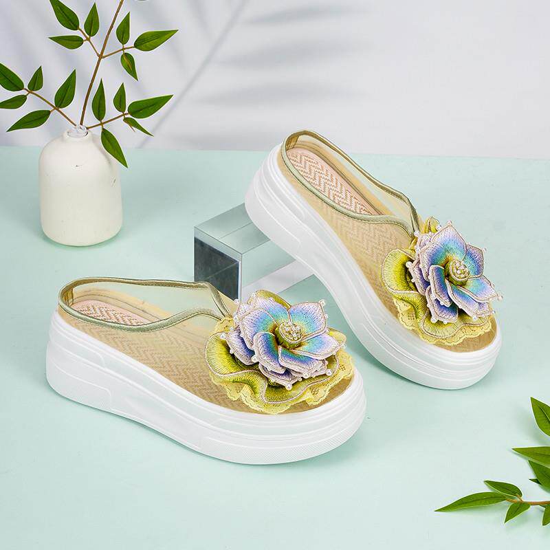 新品厚底莲花拖鞋网纱绣花