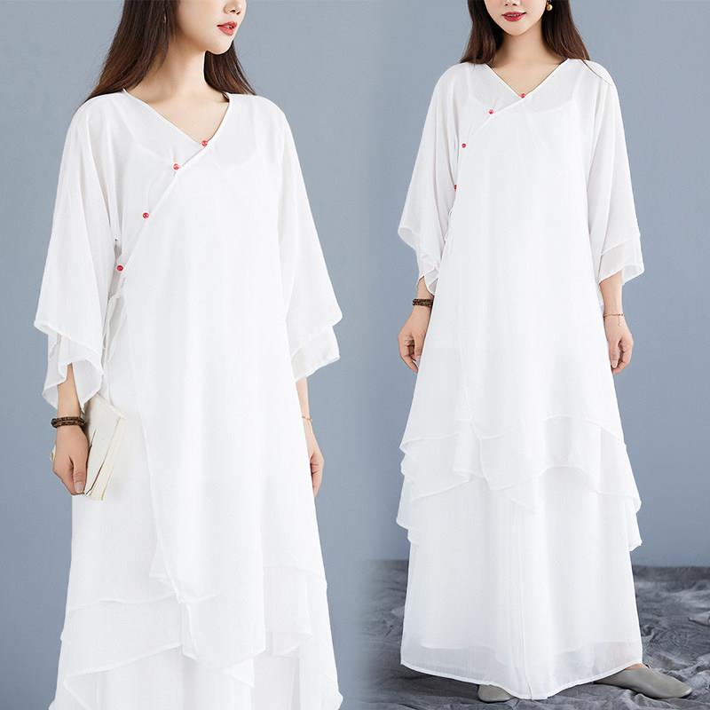 新品佛系居士服白色仙气雪纺三件套女禅意茶服素衣阔腿裤善舞表演