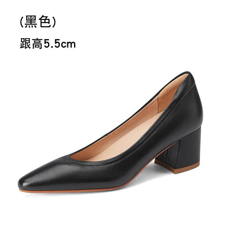 新品夏季浅口单鞋尖头粗跟通勤女鞋真皮透气不累脚米白色高跟鞋百