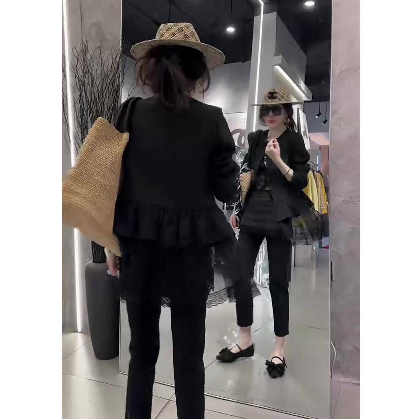 新品轻熟风西服时尚套装女2026春季新款蕾丝拼西服外套+小脚裤两