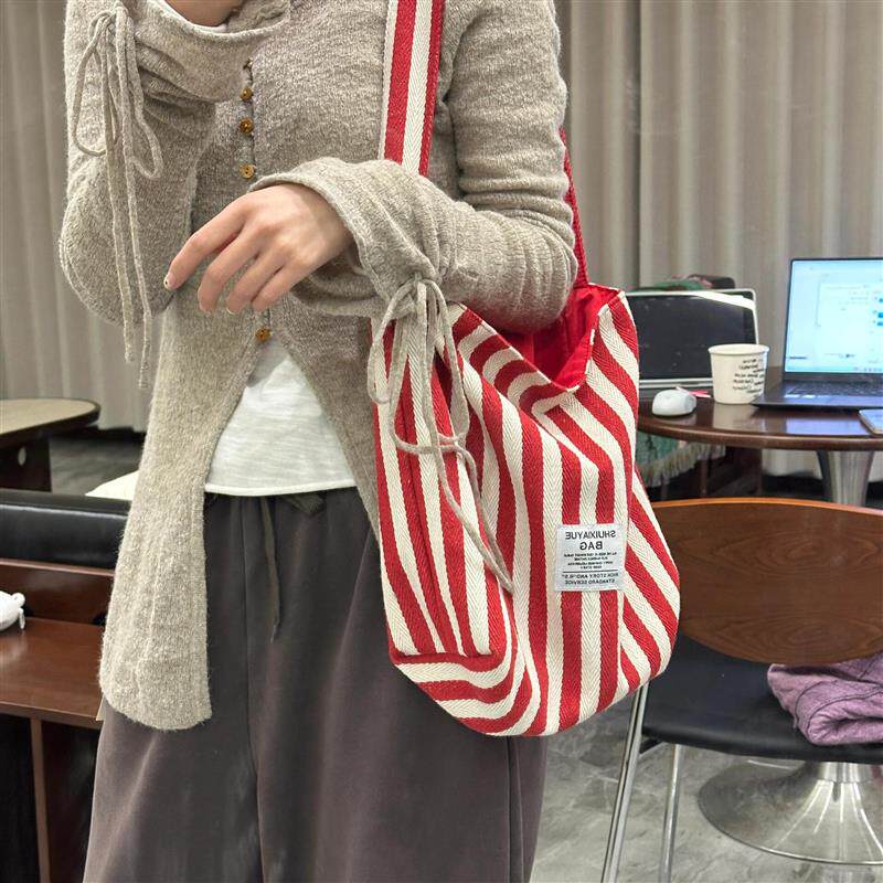 新品夏季新款韩系条纹帆布包大容量慵懒风百搭通勤单肩托特包斜挎