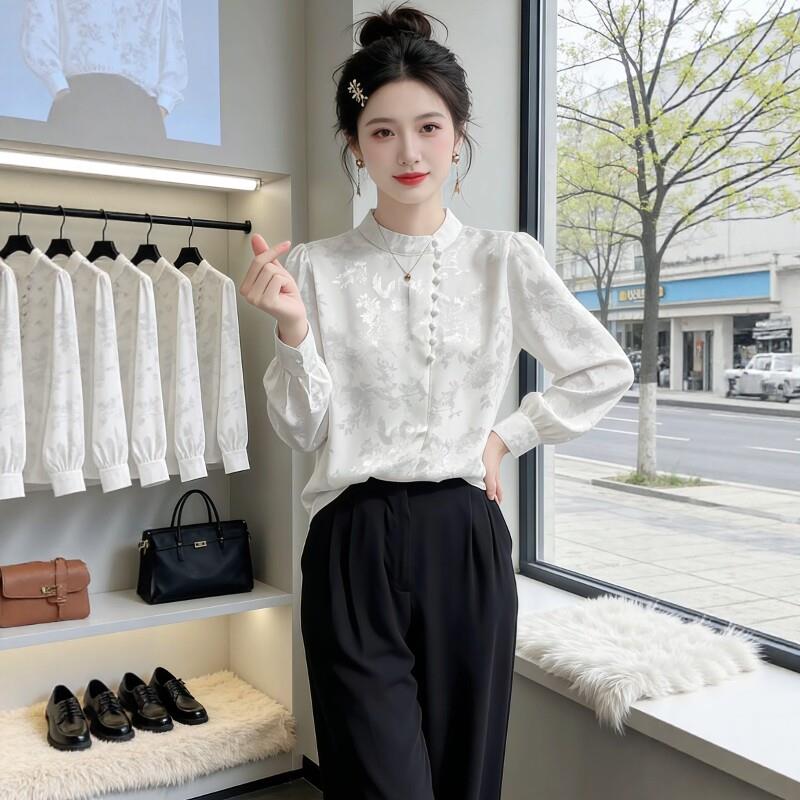 新品大码新中式立领提花长袖衬衫女2026秋季新款胖mm气质宽松显瘦