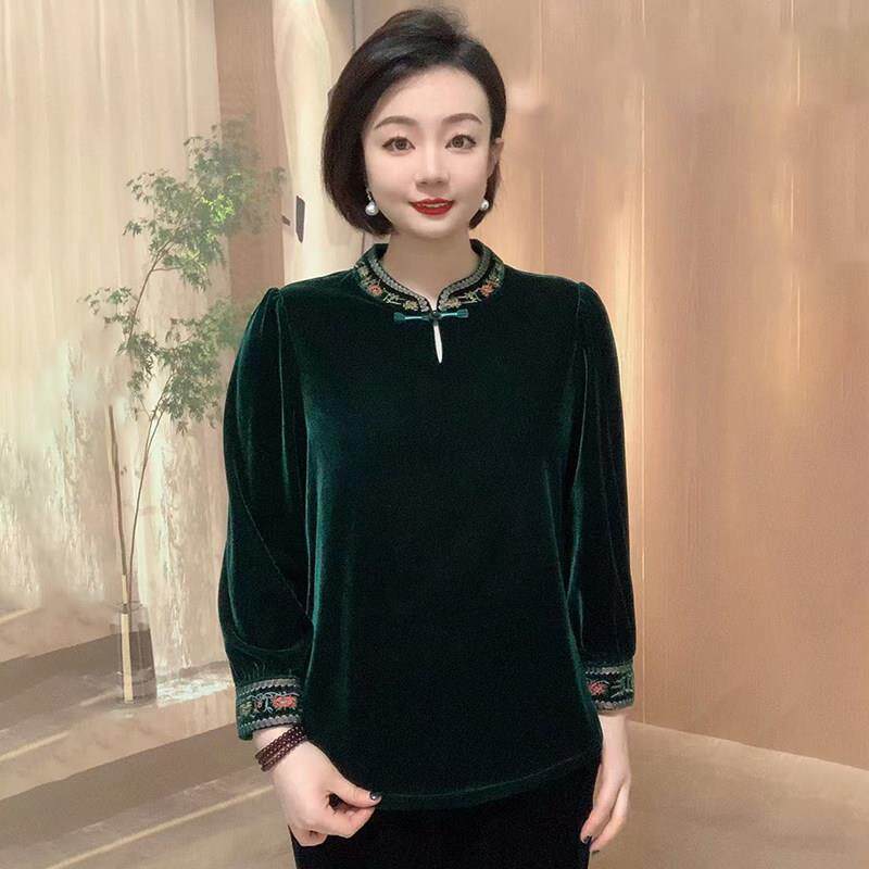 新品高贵洋气妈妈金丝绒上衣女2026秋冬新款复古气质立领刺绣打底