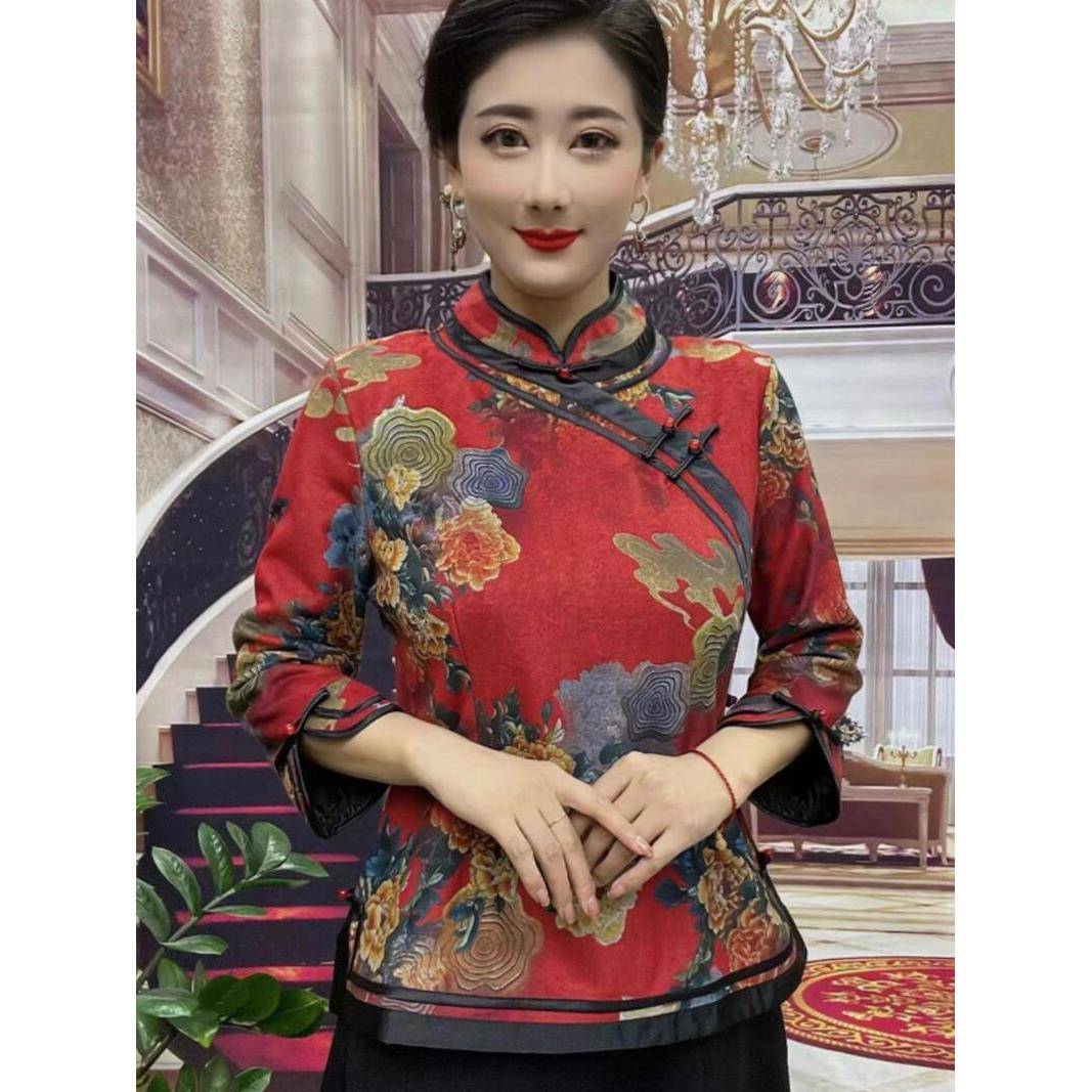 新品中老年妈妈T恤秋冬新款德绒印花中式改良旗袍上衣显瘦复古打
