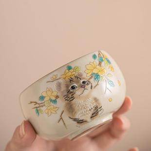 仿宋米黄汝窑萌猫茶杯大容量水杯家用单杯开片可养功夫茶具主人杯