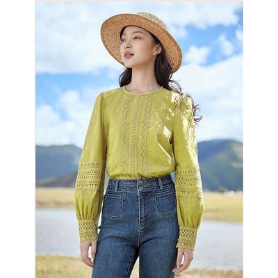 茵觅蔓曼法式复古长袖衬衣女装2024年秋季新款别致绣花纯棉薄衬衫