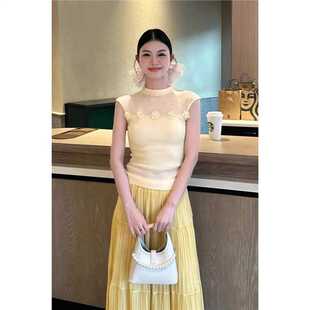 法式 微透辣妹上衣 立体花朵网纱拼接黄色冰丝针织背心女夏外穿修身