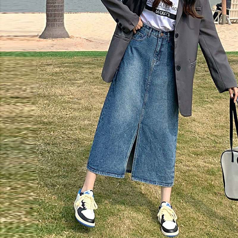 春夏中长裙半身牛仔裙梨形前开叉女式复古a字大码高腰胖mm包臀裙