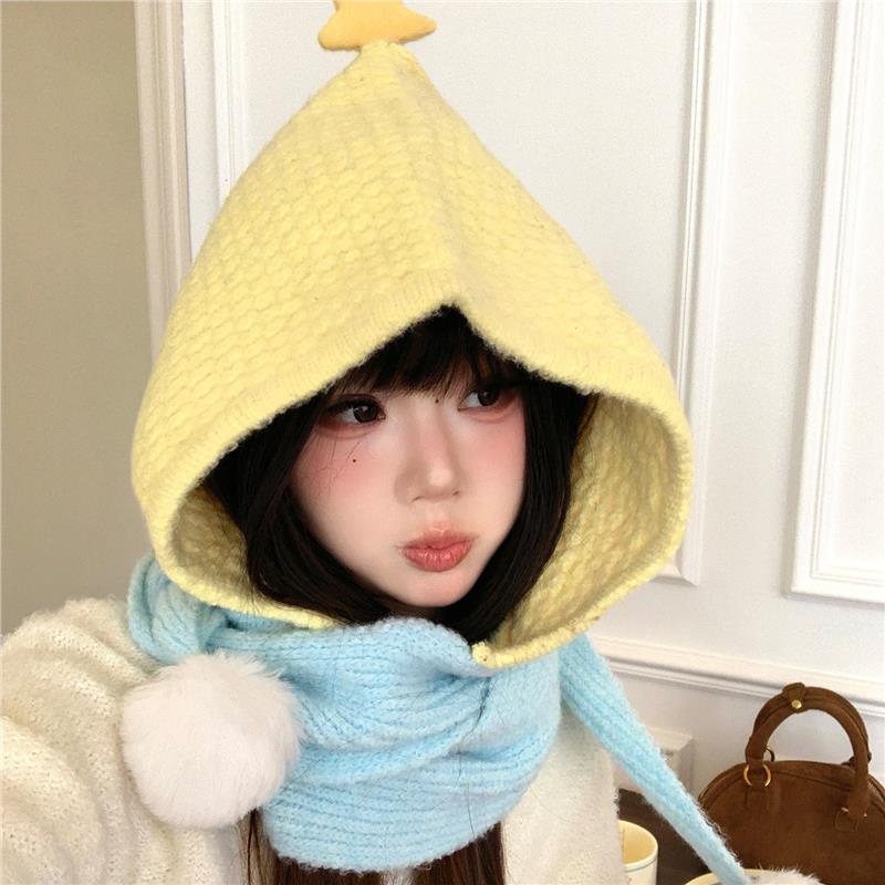 黄色星星针织毛线帽子围巾一体女冬可爱巴拉克拉法帽保暖连帽围脖