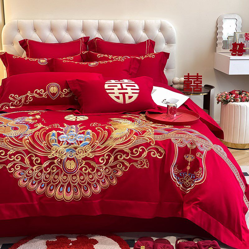 新中式180支长绒棉结婚四件套红色龙凤被套P床单婚庆床上用品4,床上用品,婚庆床品套件,淘宝优惠券,粉丝福利购,淘宝优惠卷