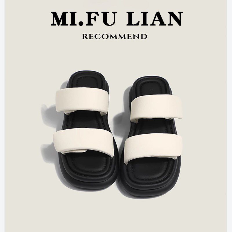 面包拖鞋女夏季i外穿2024新款松糕厚底黑色魔术贴懒人一字运动凉