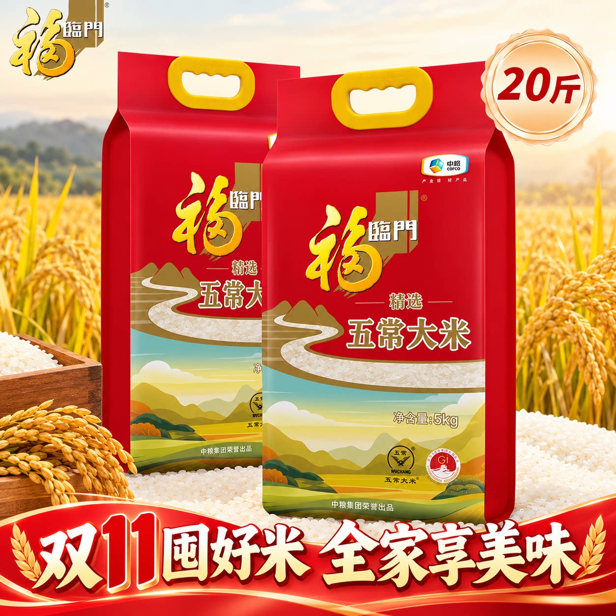 福临门精选五常大米5kg*2袋GB/T19266真空包装东北大米当季新米