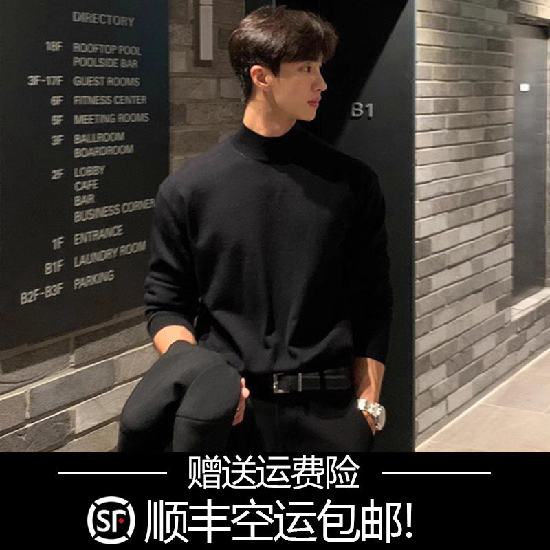 秋冬季新款e半高圆领毛衣男黑色韩版潮个性网红ins港风打底衫长袖