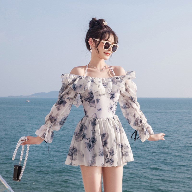 游泳衣女仙女范保守平角裤v荷叶边长袖小胸聚拢泡温泉裙式连体泳