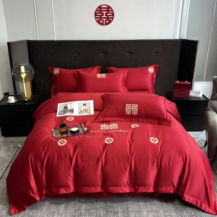 高档结婚床上用品四件套婚庆大红色婚嫁床单新婚被U套婚房婚礼出